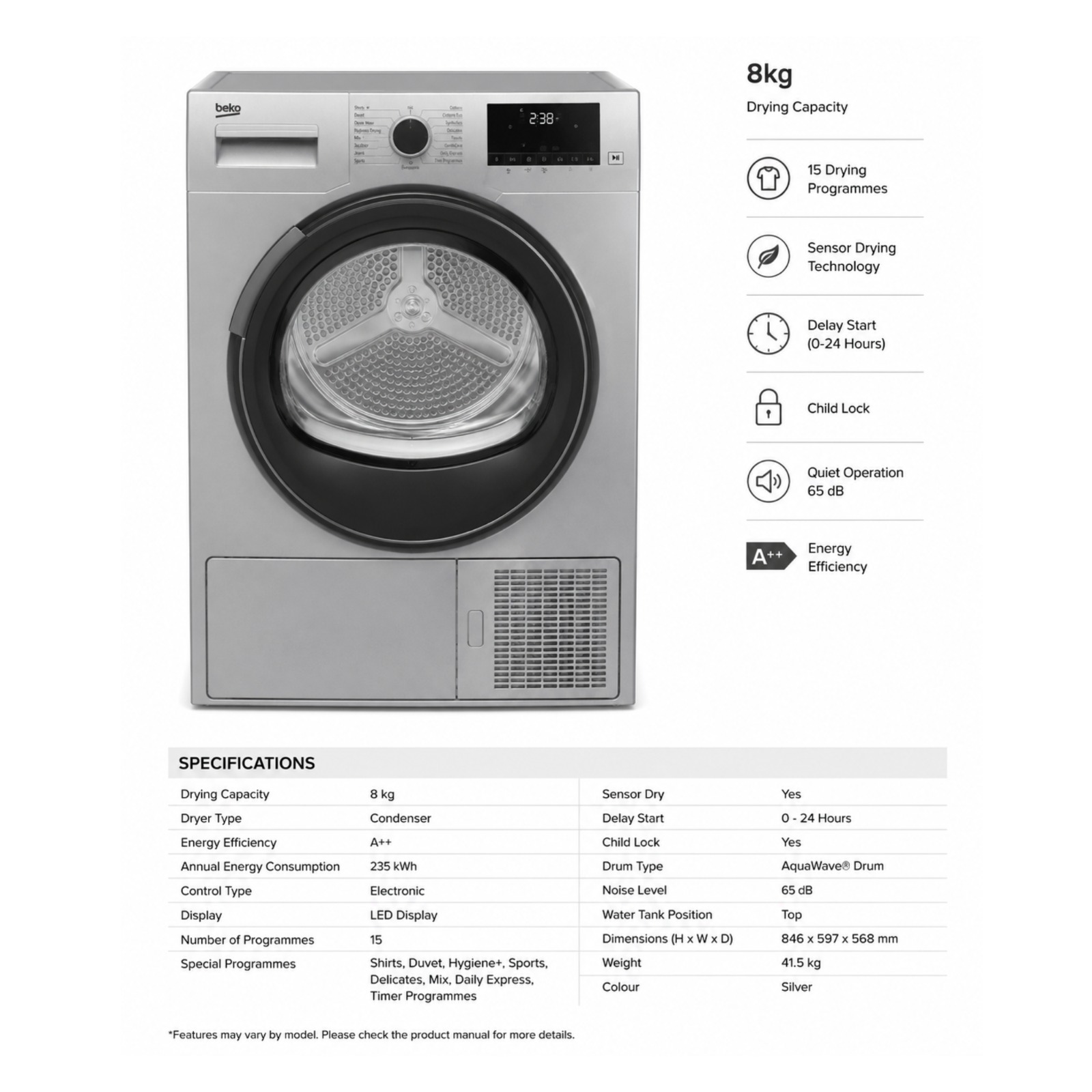 Silver Condenser Tumble Dryer – Sensor Dry | LED Display | Energy Efficient - Image 4
