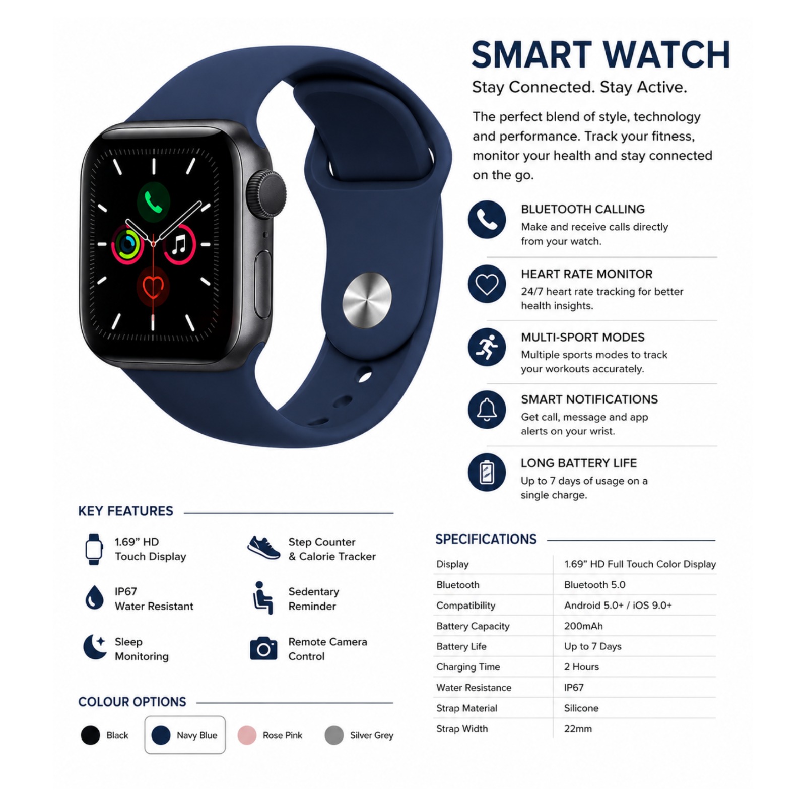 Smart Watch with Bluetooth Calling – 1.69" HD Touch Display | Heart Rate Monitor - Image 2