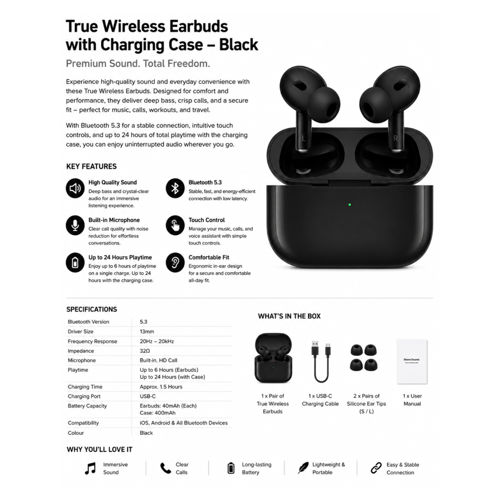 True Wireless Bluetooth Earbuds with Charging Case – Black | Noise Reduction | Touch Control - Image 3