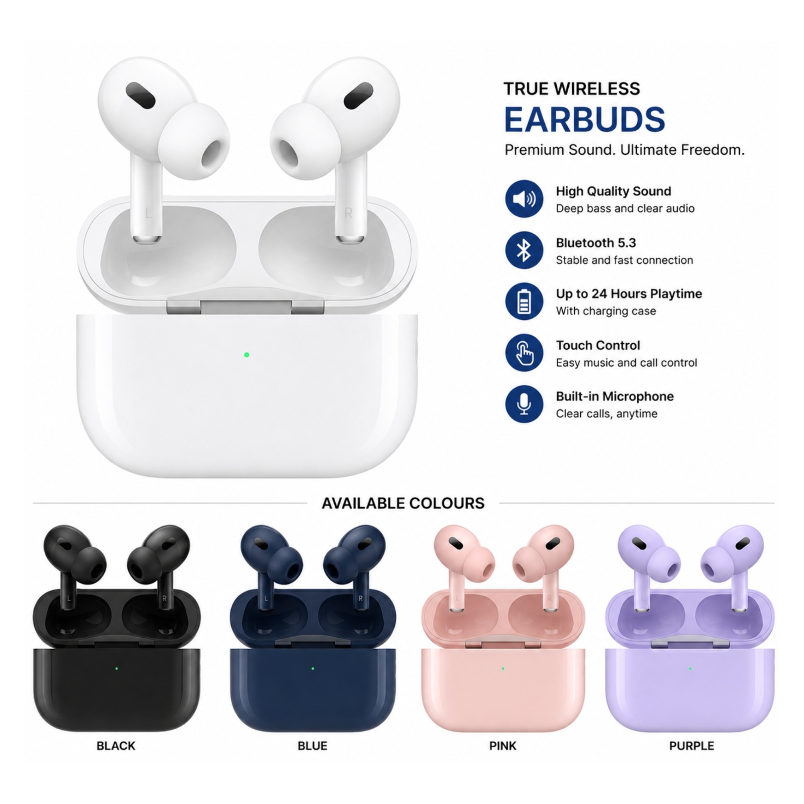 True Wireless Bluetooth Earbuds with Charging Case – Black | Noise Reduction | Touch Control - Image 2