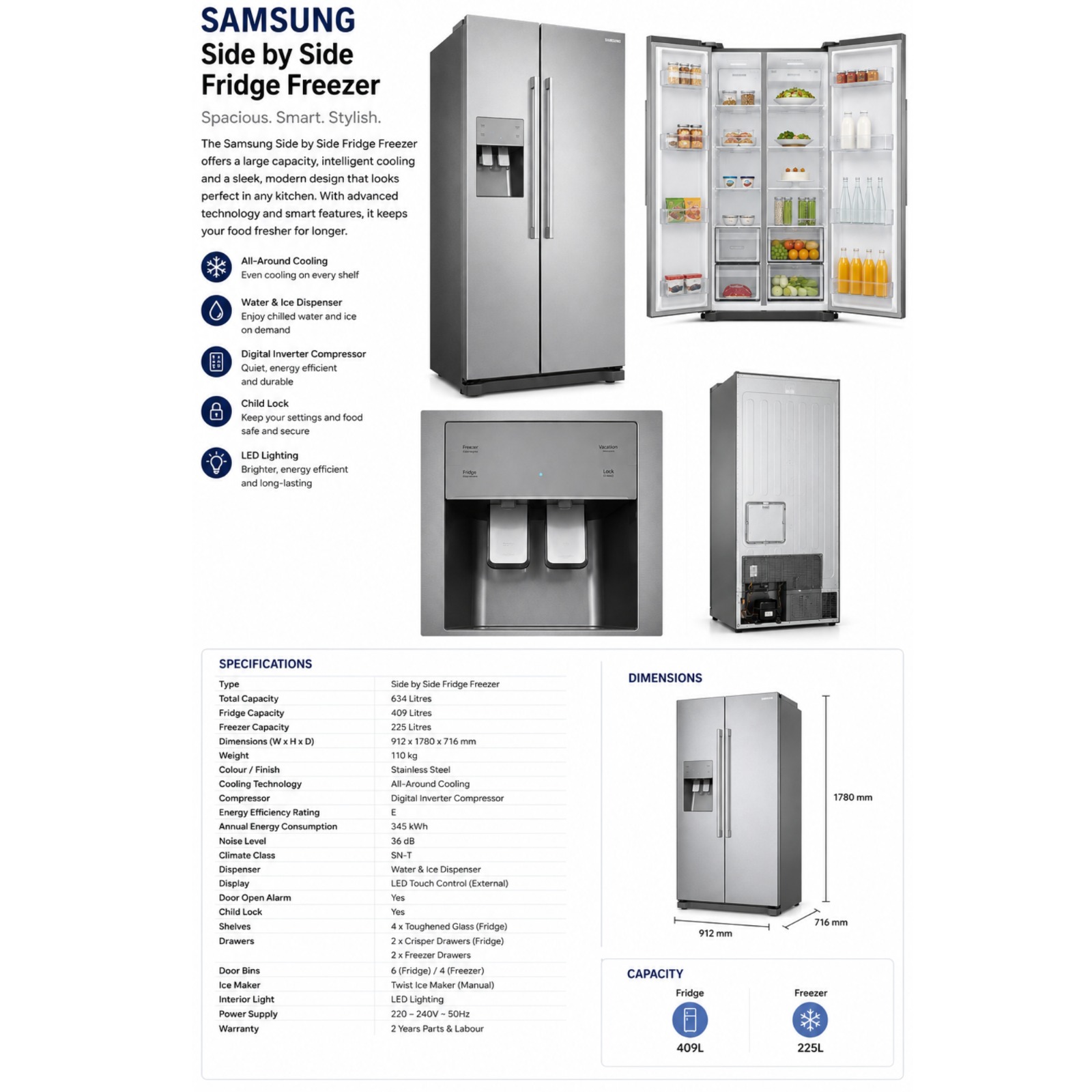 Refrigerator - Side-by-Side Fridge Freezer – | Total No Frost | Water Dispenser | Large Capacity - Image 4