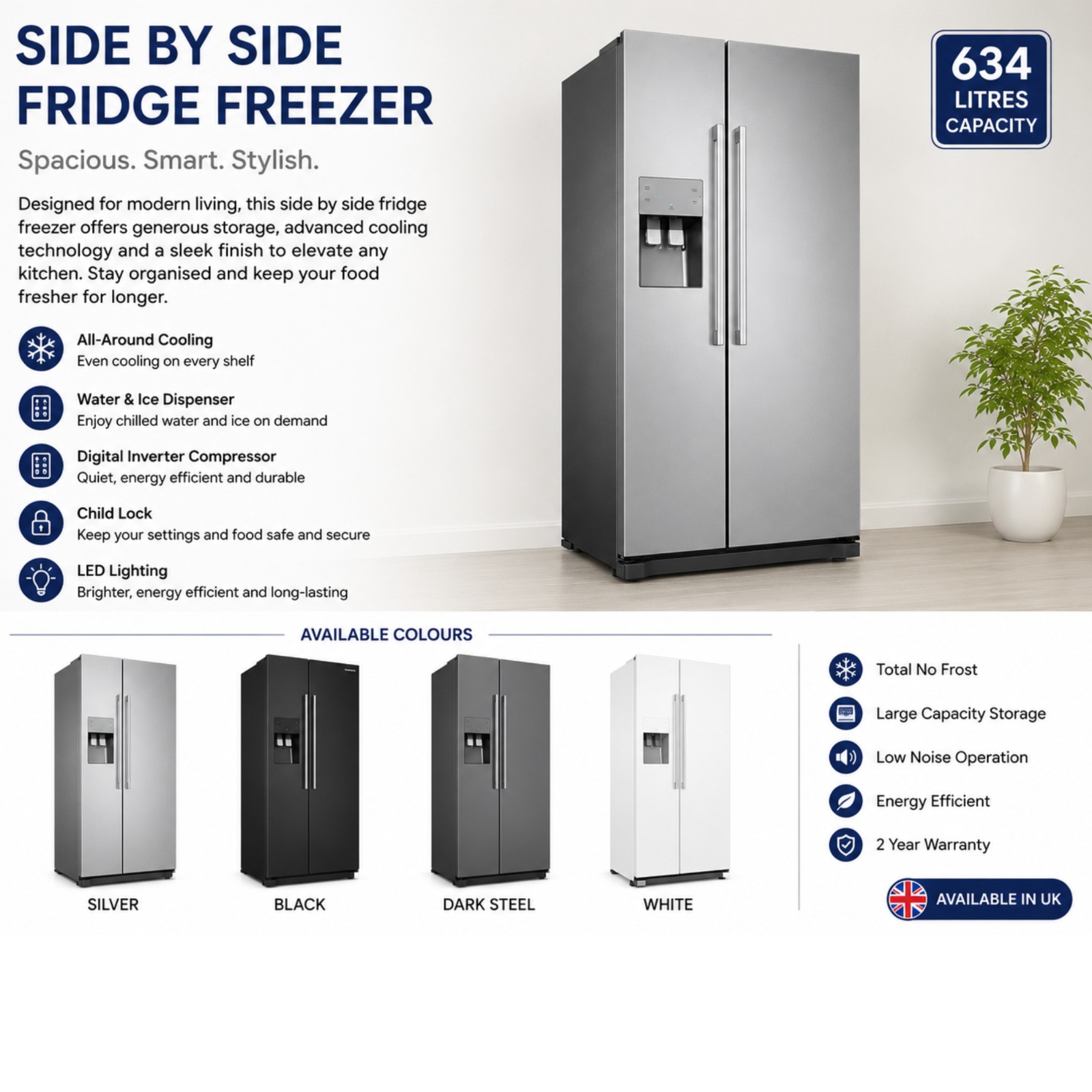Refrigerator - Side-by-Side Fridge Freezer – | Total No Frost | Water Dispenser | Large Capacity - Image 3